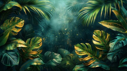 An abstract art gold tropical leaves background modern. A luxury wallpaper with a palm leaf, a flower, vibrant foliage, exotic green, and gold brush glitter. - obrazy, fototapety, plakaty