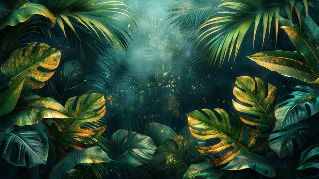 An abstract art gold tropical leaves background modern. A luxury wallpaper with a palm leaf, a flower, vibrant foliage, exotic green, and gold brush glitter.