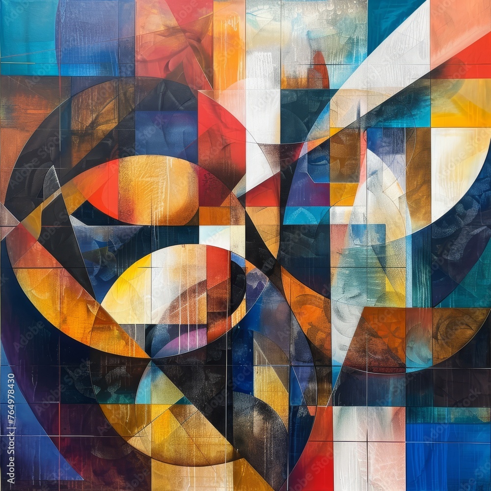 Poster modern abstract painting with a complex geometric composition, blending sharp angles and bold colors