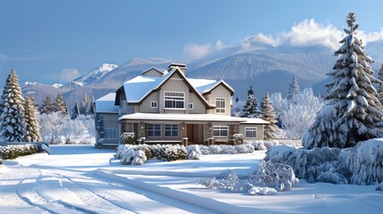 On a lovely winter day, a family home with a mountain outlook and a snowy front yard. New luxury...