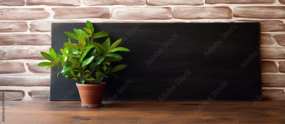 Sticker A lush green potted plant with leaves placed on a rustic wooden table, creating a natural and soothing display