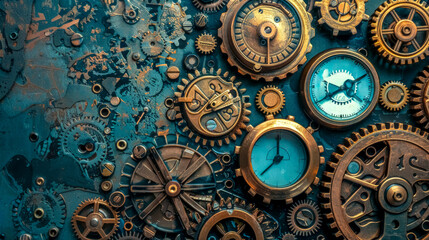 Vintage clockwork mechanisms and gears background