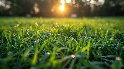 Field of fresh, green grass in a meadow at sunset. 