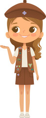 Young smiling girl scout wearing vest with badges isolated on white background. Female scouter, Brownie ligue Scout Girls troop