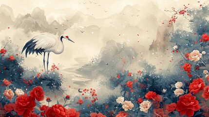 Modern crane birds. Japanese background with blue watercolor painting texture. Vintage banner design with sea decorations. Peony floral pattern element.