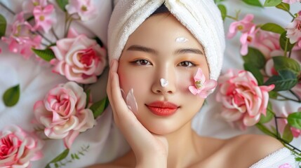 beautiful japanese woman in a spa having facial cleansing in a spa with flowers