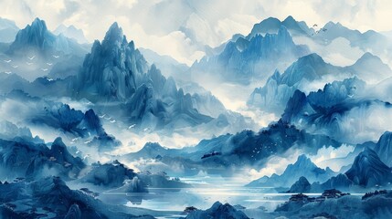 An abstract art landscape with mountains, oceans, and geometric patterns in vintage style with Chinese cloud decorations.