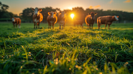 Closeup of fresh grass in a meadow with cows grazing in the background. Livestock quality.Blurred background, sunset, copy space.