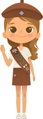 Young smiling girl scout wearing sash with badges isolated on white background. Female scouter, Brownie ligue Scout Girls troop - 764979082