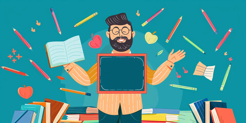 A male teacher with a beard and glasses stands on a blue background. Funny pencils, pens and books around a teacher holding a text board with the words "Teacher's Day" written on it.