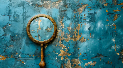 Vintage hand mirror against peeling blue paint wall