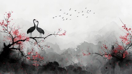 A crane bird modern. Cherry blossom flower branch decorations on black and white watercolor texture background. Abstract art landscape. - obrazy, fototapety, plakaty