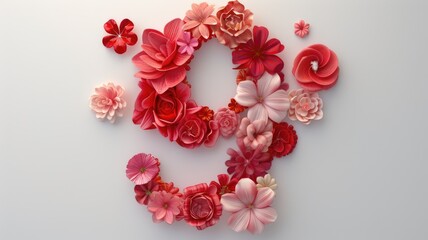 Obraz premium a vibrant flat lay composition featuring colorful flowers, leaves, and the number nine arranged in a layout, captured from a top-view perspective for an eye-catching display.