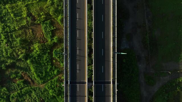 Aerial View of Empty Highway Bridge at Dawn Without People