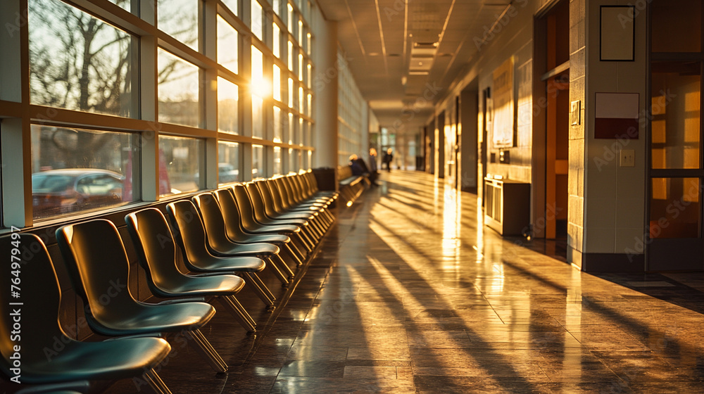 Poster sunlit waiting area with empty chairs and warm ambiance. empty waiting area with rows of chairs and 