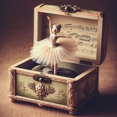 vintage music box with ballerina figurine with elegant details and musical notes in the background