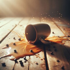 Spilled coffee. Sunlight captures the dynamic splash of coffee spilled from an overturned mug