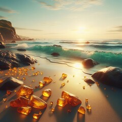 Golden sunset illuminates amber gemstones scattered along a serene beach coastline