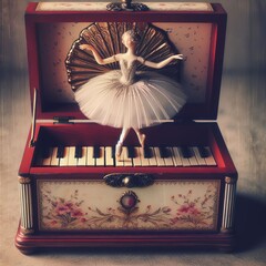 A music box resembling a piano with a twirling ballerina dancer inside, adorned with floral designs