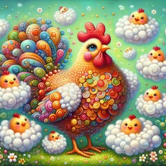 whimsical illustration depicting a hen and chickens with bright, swirling patterns in a dreamy meadow