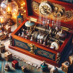 An intricate steampunk-themed music box filled with gears, figures, and whimsical elements