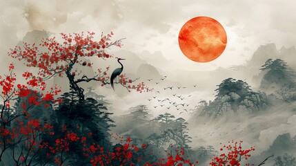 Branches of flowers decorated with geometric patterns. Abstract art landscape with gold silhouette crane birds. Chinese wave decorations with grey circle watercolor texture.
