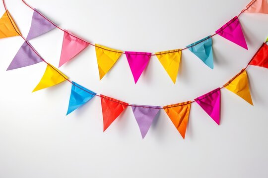 Festive multicolor triangular pennant banners strung across a white backdrop, suggesting a cheerful celebration atmosphere