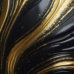 Gold oil paint flows on a black canvas, silver splashes and streaks of brilliant shine. Graphic, Marble image.