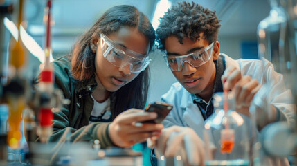 Two students in safety goggles, examining a scientific sample closely in a laboratory