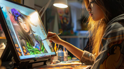 A young artist digitally painting on a graphics tablet with a stylus, in a well-lit room filled...