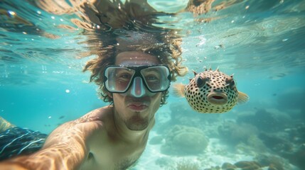Underwater selfie with a man in snorkeling gear and a surprised puffer fish, with clear tropical waters and coral reef below.
