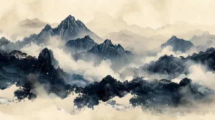 Fototapeten Vintage Chinese cloud decorations with black watercolor texture. Abstract art landscape with bamboo leaves and waves. © Mark