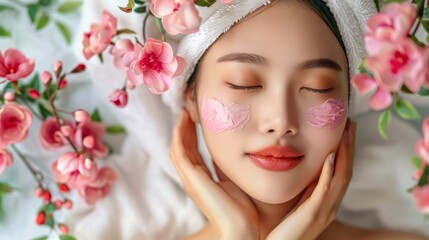 beautiful Japanese woman in a spa with facial cleansing in a spa with pink flowers in high resolution
