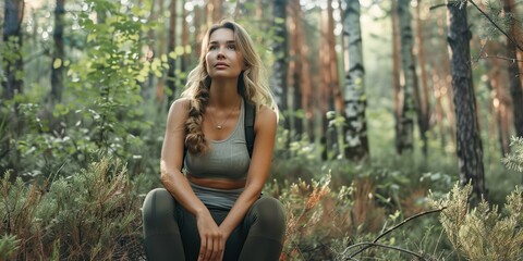 Beautiful young bushcraft woman wearing a tight top and leggings in the forest make a vlog content, concept of Nature exploration