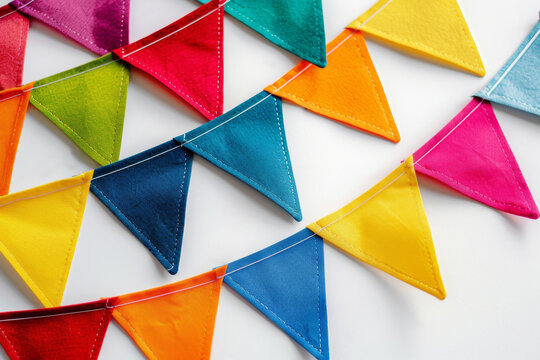 A vivid array of multicolored fabric pennants arranged in a playful garland, creating a festive and celebratory atmosphere