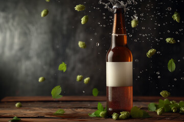 A bottle of beer against a backdrop of flying sprays, leaves and hop cones. Copy space.