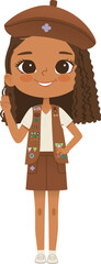 Smiling African American girl scout wearing vest with badges isolated on white background. Female scouter, Brownie ligue Scout Girls troop