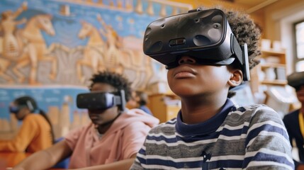 Young student with a virtual reality headset in a classroom, experiencing an interactive learning session.
