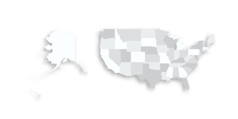 United States of America political map of administrative divisions - states and federal district Washington, D.C. Grey blank flat vector map with dropped shadow.