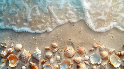 Fototapeta na wymiar Top view of a sandy beach with seashells, generous copy space, no text, no logo, no brand, no letters, Cinematic, natural hues, wallpaper style, master piece, background, photorealistic