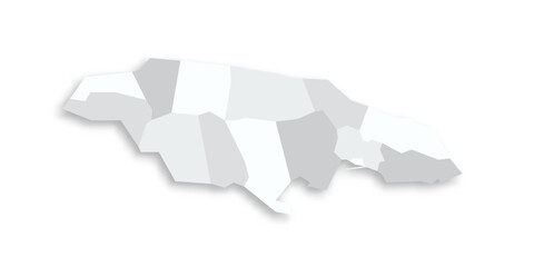 Jamaica political map of administrative divisions - parishes. Grey blank flat vector map with dropped shadow.