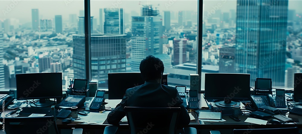 Poster dynamic workplace: dedicated business professional engaged in productive computer work within office