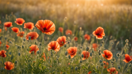 Obraz premium A field of vibrant red poppies basks in the warm glow of the setting sun, with one flower standing prominently in the foreground