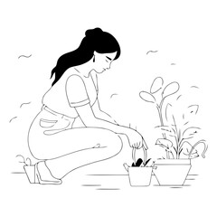 Young woman planting seedlings in pots in flat style