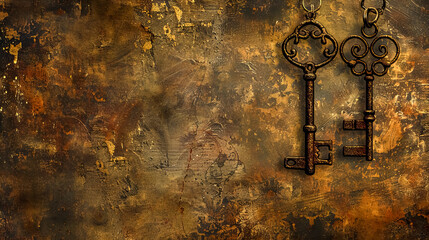 Vintage keys hanging on aged grunge background