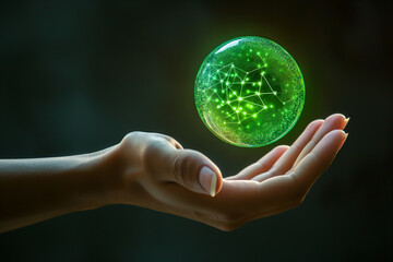 An outstretched hand presenting a spherical object with a green glowing network pattern, symbolizing futuristic technology.