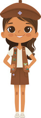 Smiling African American girl scout wearing vest with badges isolated on white background. Female scouter, Brownie ligue Scout Girls troop - 764981885