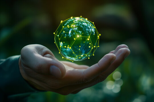 An outstretched hand presenting a spherical object with a green glowing network pattern, symbolizing futuristic technology.