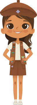 Smiling African American girl scout wearing vest with badges isolated on white background. Female scouter, Brownie ligue Scout Girls troop