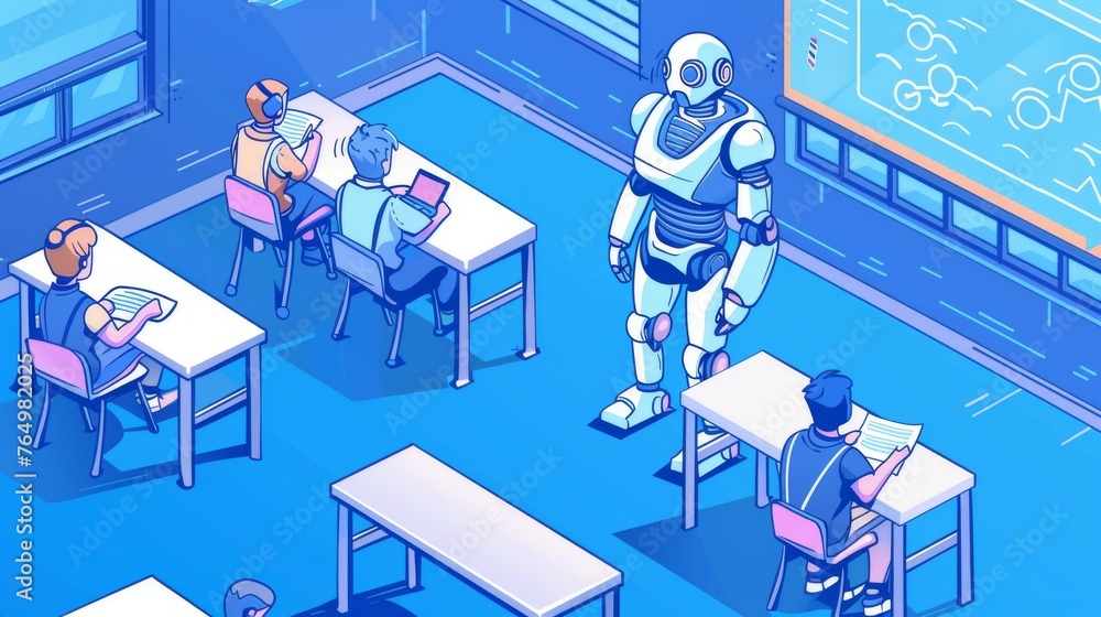 Poster the teacher bot web banner. robot conducts a lesson in class with students sitting at desks. artific